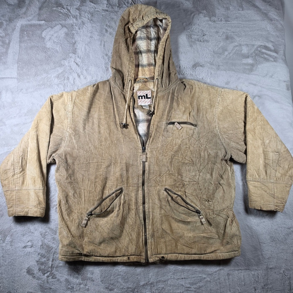 Vintage ML Sport Corduroy Jacket Mens 18/20 Tan‎ Zip Hooded Plaid Lined Workwear